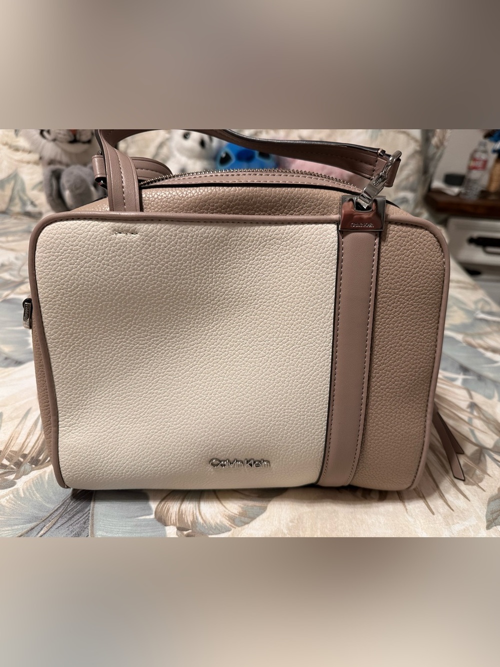 Calvin Klein Two-Tone Cream & Taupe Pebbled Satchel